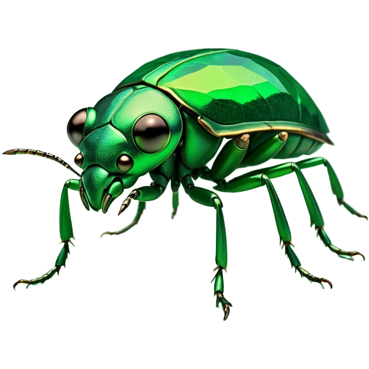 Cinematic Noble Green Bugdie Portrait Emoji, Poised and regal, with a tiny, delicate build and a vibrant, well-detailed emerald exoskeleton, deep-set soulful multifaceted eyes, Simplified yet sharp and sophisticated features, highly detailed, glowing with a soft, dignified glow, high shine, intelligent and alert, stylized with an air of miniature majesty, focused and attentive, soft glowing outline, capturing the essence of a watchful and confident insect, so majestic it feels as though it could scuttle out of the screen with effortless authority! emoji