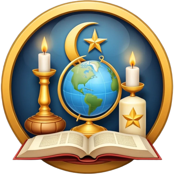 An icon featuring a holy book, a candle, a cross, and Islamic crescent and star, alongside a Buddhist wheel of Dharma, symbolizing religious studies. The design includes a globe with these symbols, representing the diversity of beliefs. Transparent background  emoji