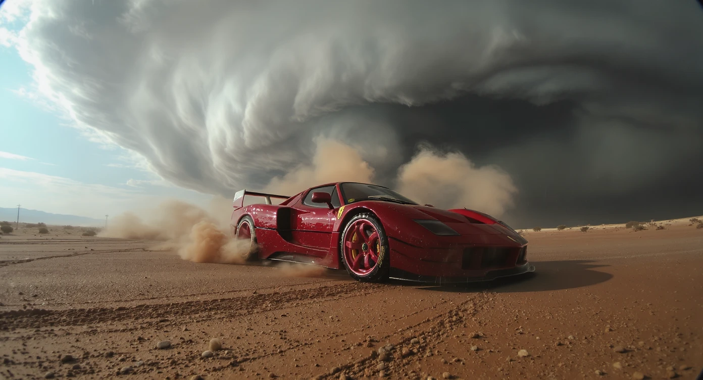 Cinematic still of a ferrari f40 around tornado od arizona desert, sun flare, captured by gopro hero with effect fisheye, water drops on car body, detailed emoji