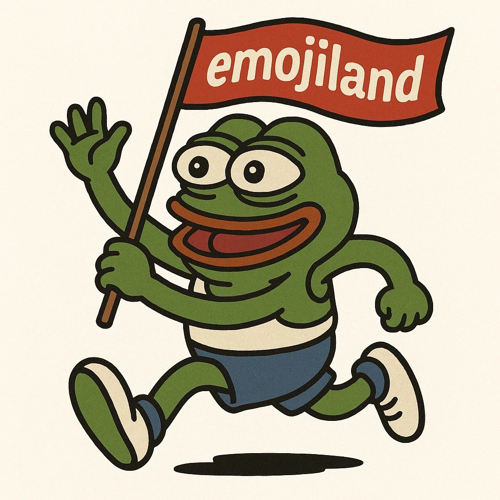 happy runner waving a flag that says 'emojiland' emoji
