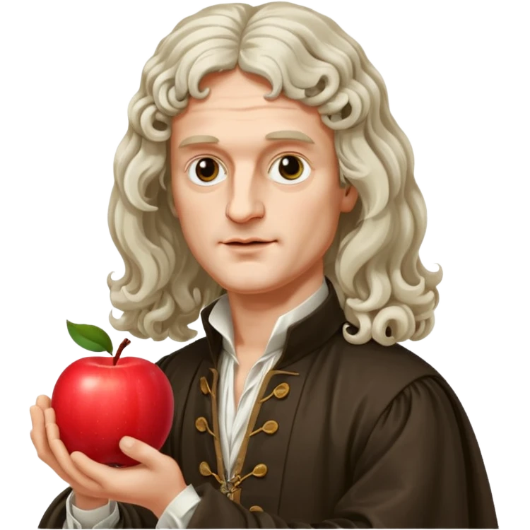 Isaac Newton wearing 17th-century aristocratic attire with long curled periwig, hold an apple emoji