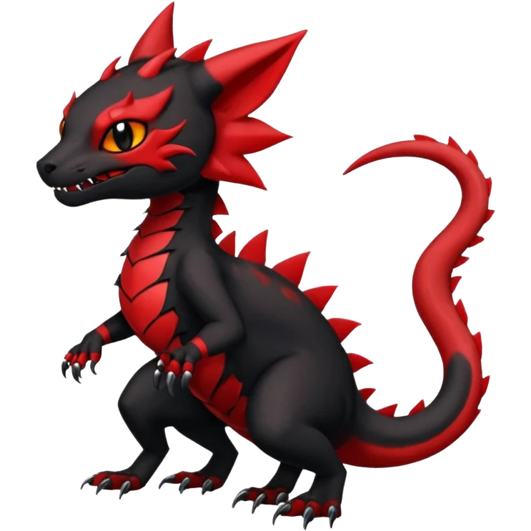 Cherry-Red and Jet-Black Fierce Fiery Mohawked Gothic Salandit-Litten-Torracat-hybrid-creature (full body) emoji