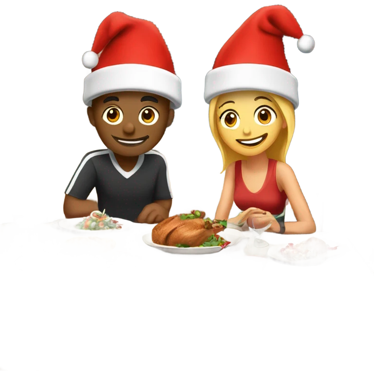emoji Sports couple , a man and a woman in sportswear, sitting at the Christmas dinner table with a red Christmas hat emoji