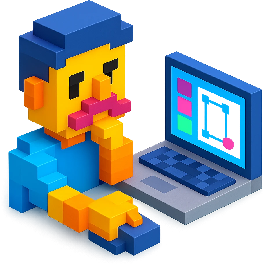 voxel art designer using MacBook, Figma interface on screen emoji