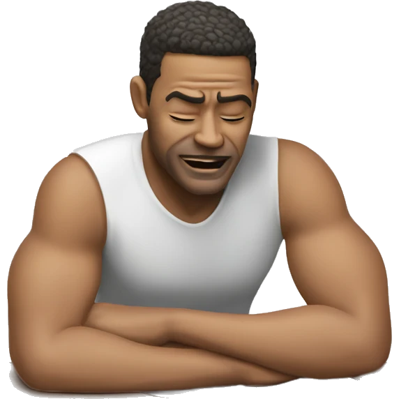 A men place palm in jaw and elbow on table emoji
