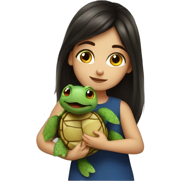 European girl with dark hair kiss little turtle emoji