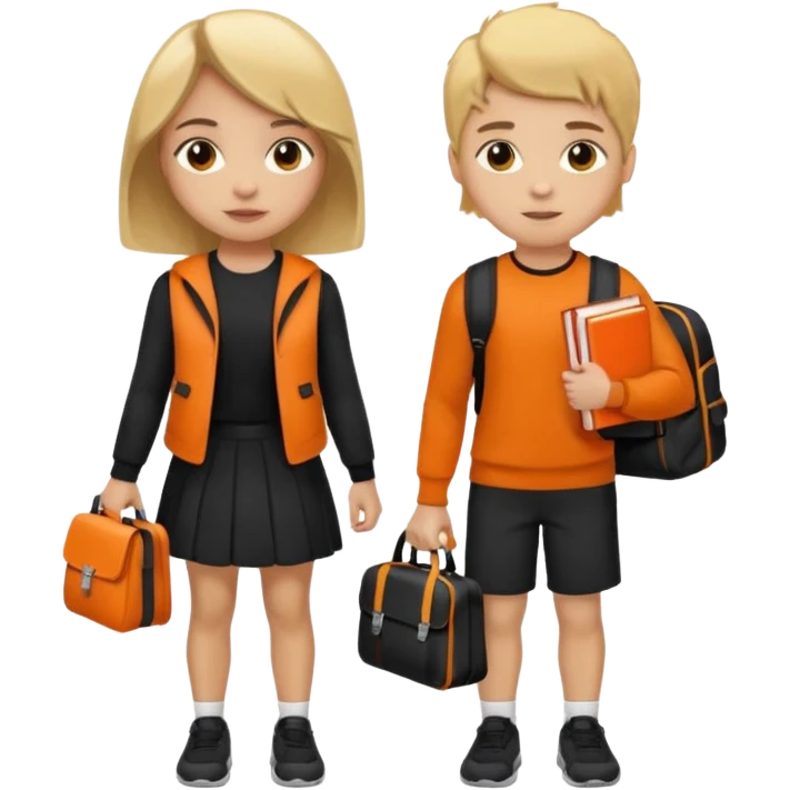 light skin students girl and boy with school bag full of books on hand and dumbell in other hand. Clothes are in black and orange colours. They are going to the gym. They have brown and blonde hair. Dumbell is visible in hand emoji