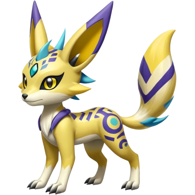 Splash-marked Colorful Patterned Exotic Meloetta-Zeraora-Lombax-Renamon-Protogen-Palkia-hybrid-fusion-Fakémon-creature, full body emoji
