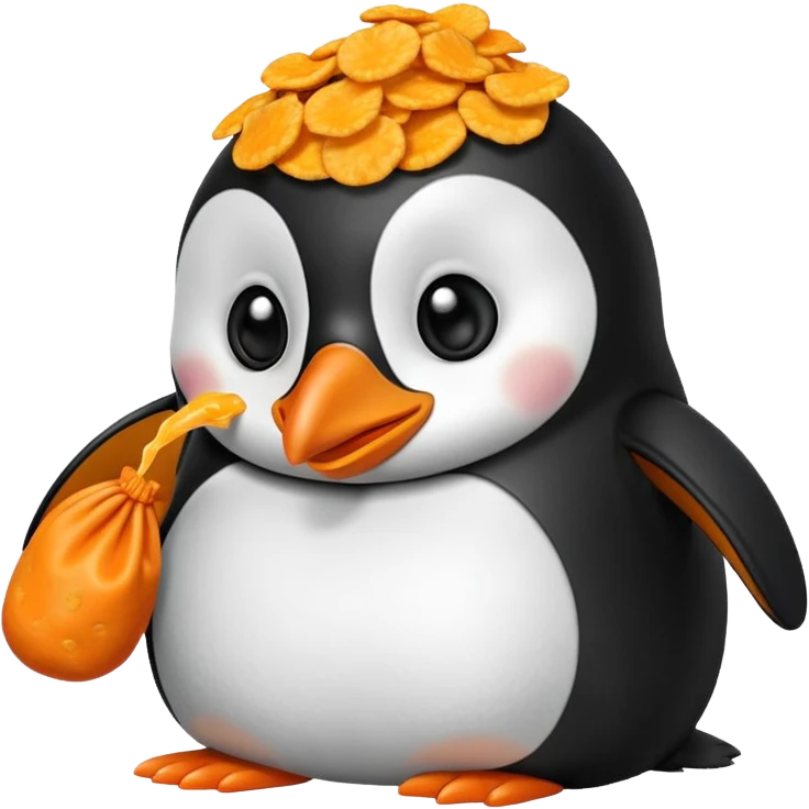 Penguin eating a bag of Cheeto puff chips emoji