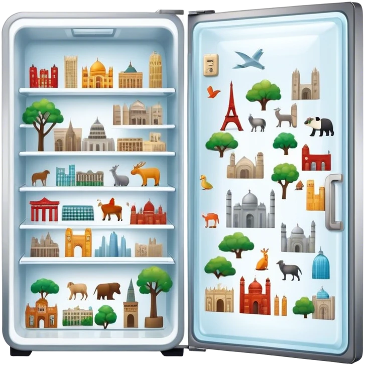 Icon for Magnet Collecting: a close-up of a fridge door covered with a variety of magnets, featuring cities, animals, symbols. The icon should highlight the diversity and charm of magnet collections. Transparent background. emoji