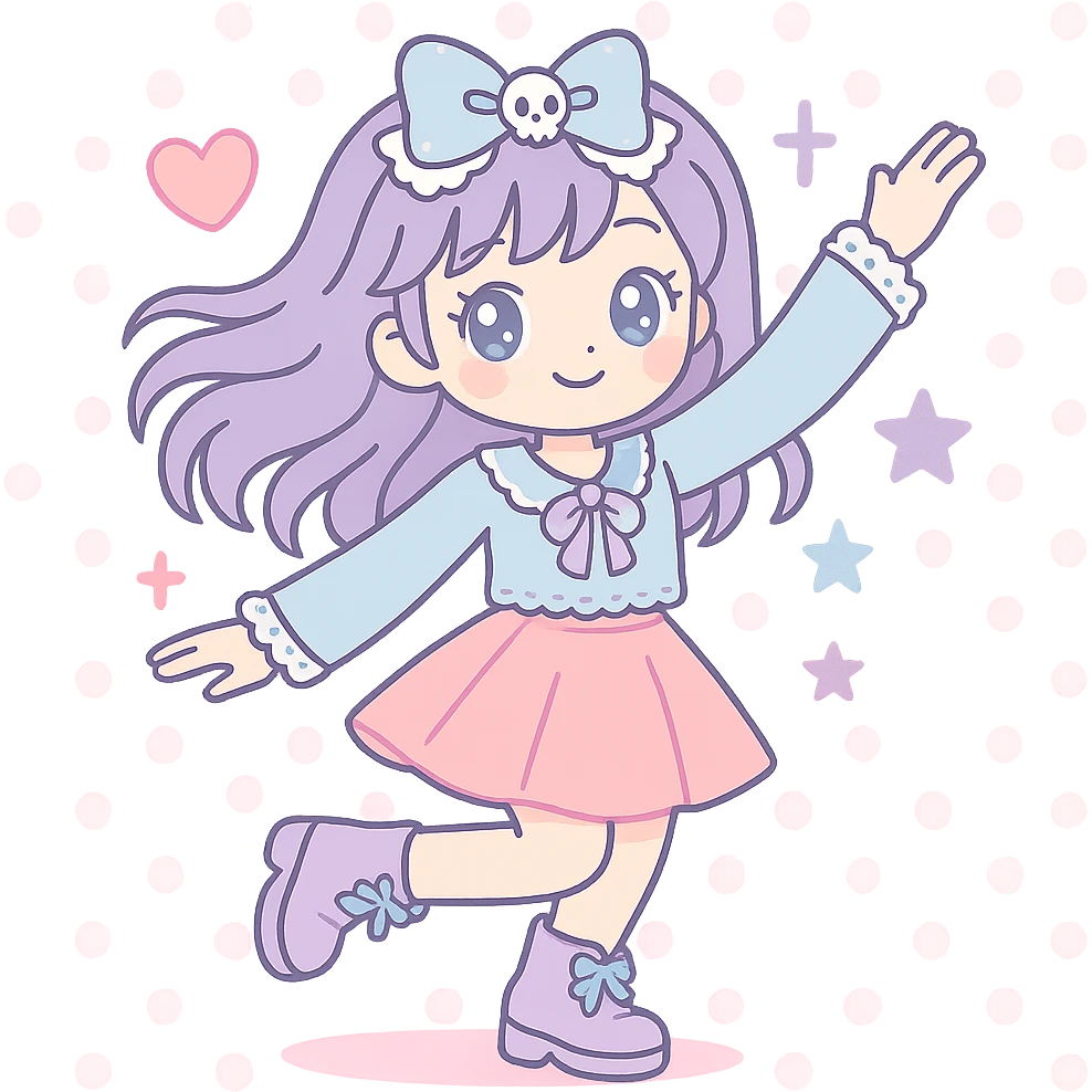 Transform the image into a K-pop dreamy pastel style with gothic details in soft colors and a whimsical pose. Preserve the transparent background. emoji