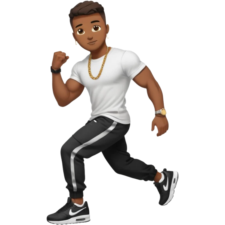 Handsome Black guy with brown skin tone, with muscular build, wearing black sweatpants, a white t-shirt, black Nike air max, a small chain, and a watch  emoji