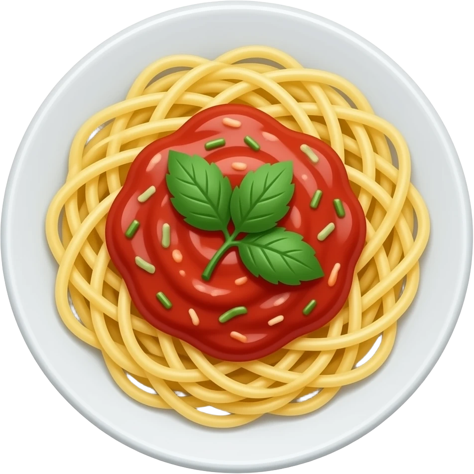 pasta with tomato sauce, only pasta and tomato sauce, no cheese, no meat, no garnish, premium casual game art, 3D cartoon, front view, no outline, transparent background emoji