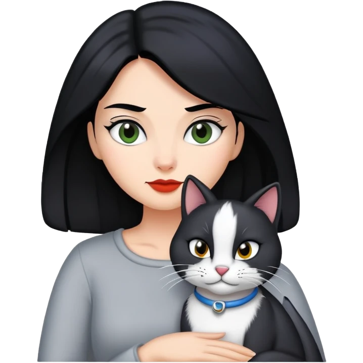 mulher de cabelo preto com gato frajola cinza emoji