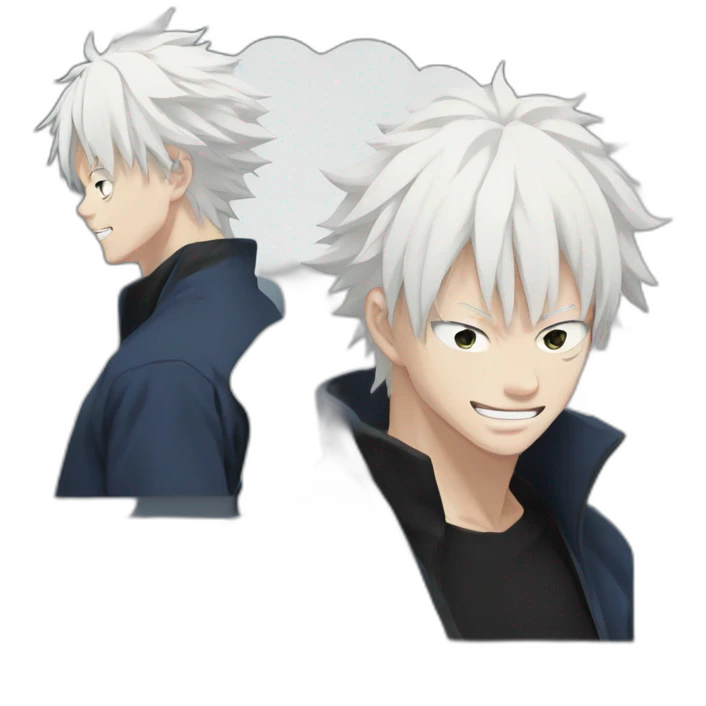gojo satoru smiling from jujutsu kaisen with white hair, blue sky eyes, wear a black tshirt emoji