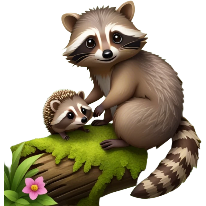 Collage of an exotic raccoon and a hedgehog, both curiously exploring a forest setting with moss and small flowers. The raccoon is perched on a tree branch, and the hedgehog is nestled in the underbrush. Vibrant nature backdrop. Transparent background. emoji