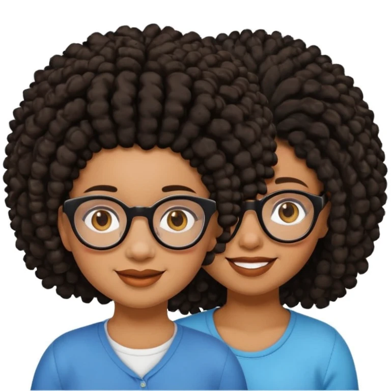 Chubby brown skin girl with glasses, brown eyes, black curly afro and a shorter skinny vrown skin girl with black dreadlocs and brown eyes emoji