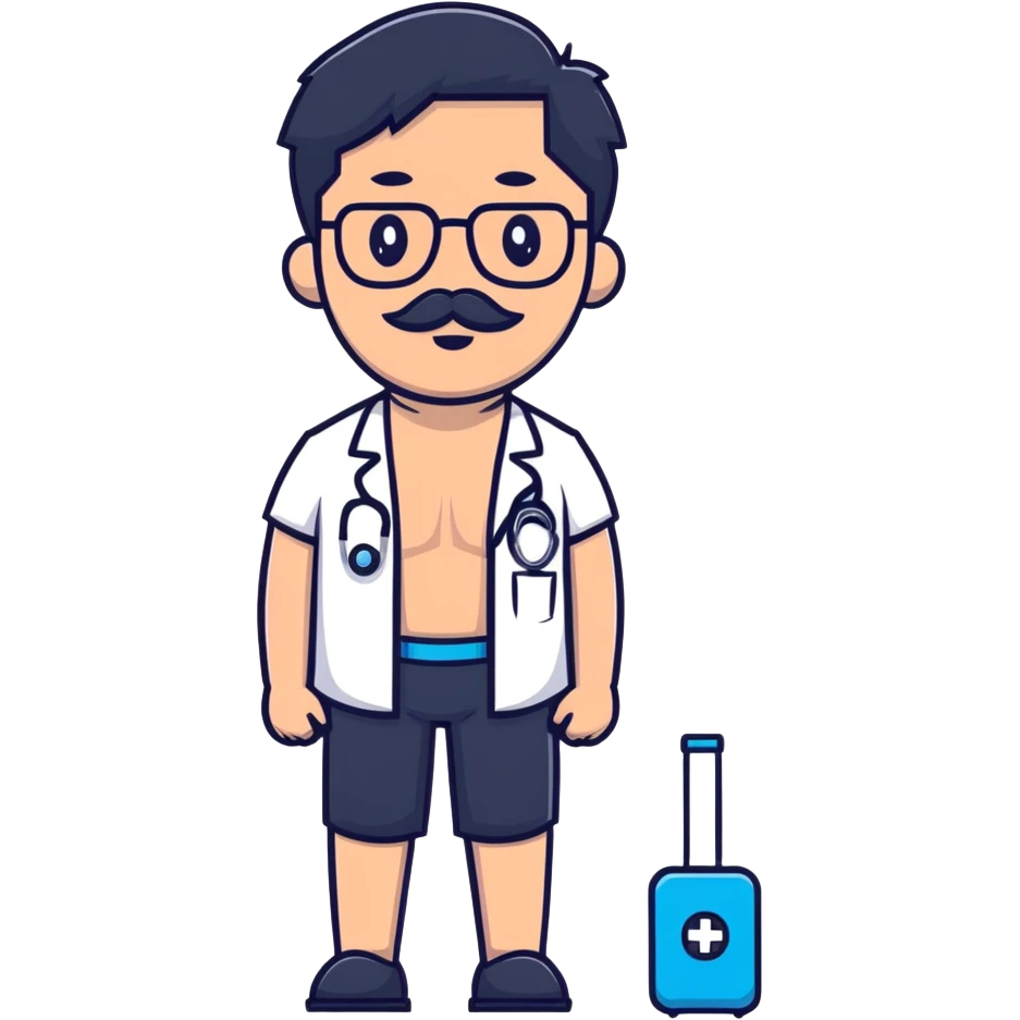 A light-medium Man wearing a short with no shirt with black hair and toooooo short beard and Mustache and blue medical glasses  emoji