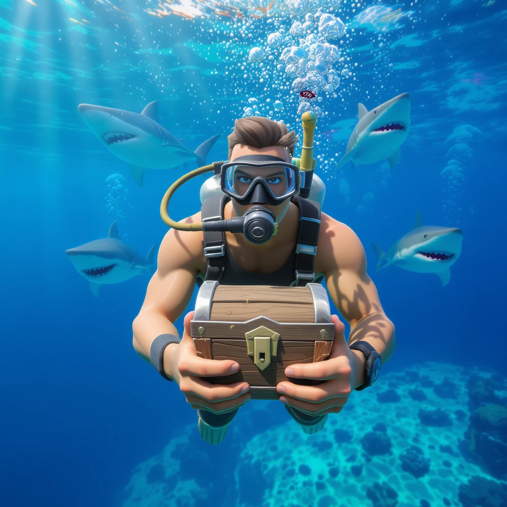 portrait, closeup, 3D, symmetrical, fortnite art style, diver holding chest underwater, happy shark swiming around him, blue crystal water, sunny day emoji