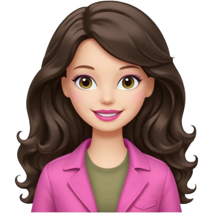 A white Barbie girl with long dark brown wavy hair in pale olive clothes pink and smail emoji