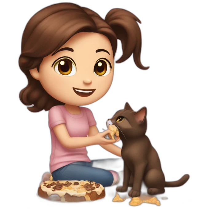 Girl short brown hair and half tail,eating nutella,  with mickey mouse ears, petting a cats, emoji