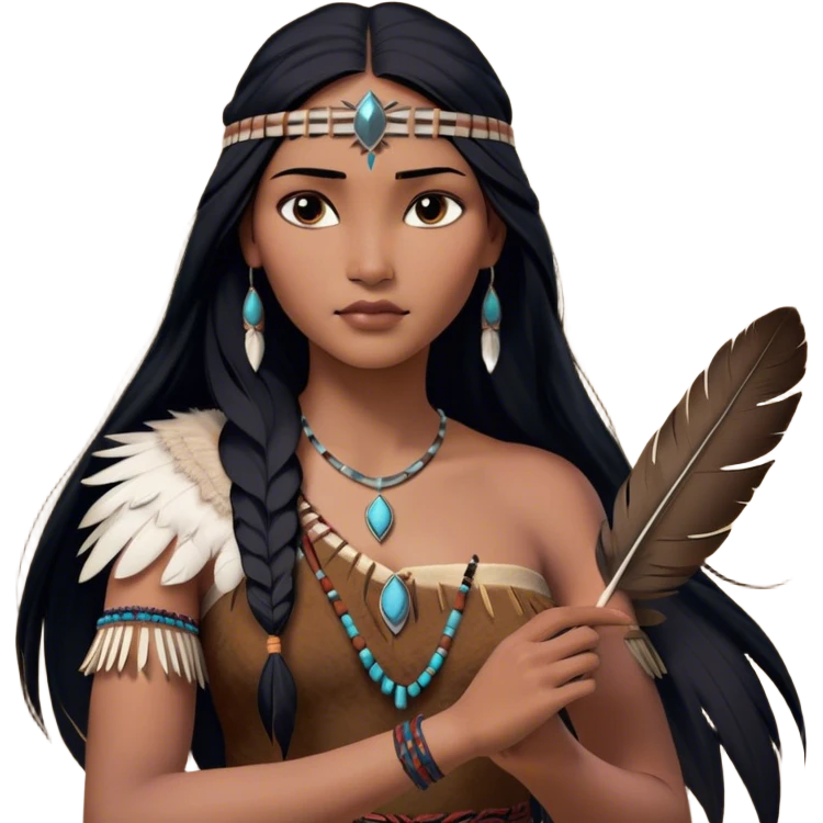 Cinematic Realistic Pocahontas Portrait, depicted with lifelike skin texture, soft natural lighting, and intricately detailed long, flowing raven-black hair that moves gracefully in the wind. Her deep, soulful dark brown eyes exude wisdom and strength, complemented by a serene yet powerful expression. She is shown gently holding a feather in one hand, her other hand resting lightly at her side, embodying the harmonious balance between nature and herself. She is dressed in her classic one-shoulder native American dress, with rich fabric textures and delicate beaded details that catch the light beautifully. The portrait features a soft, sun-kissed glow with a natural, radiant finish, capturing the essence of untamed beauty and deep connection to nature in a realistic and painterly style, evoking a sense of depth and authenticity. emoji