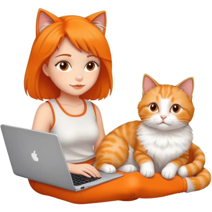 A girl is working on a laptop with a cat lying next to it emoji
