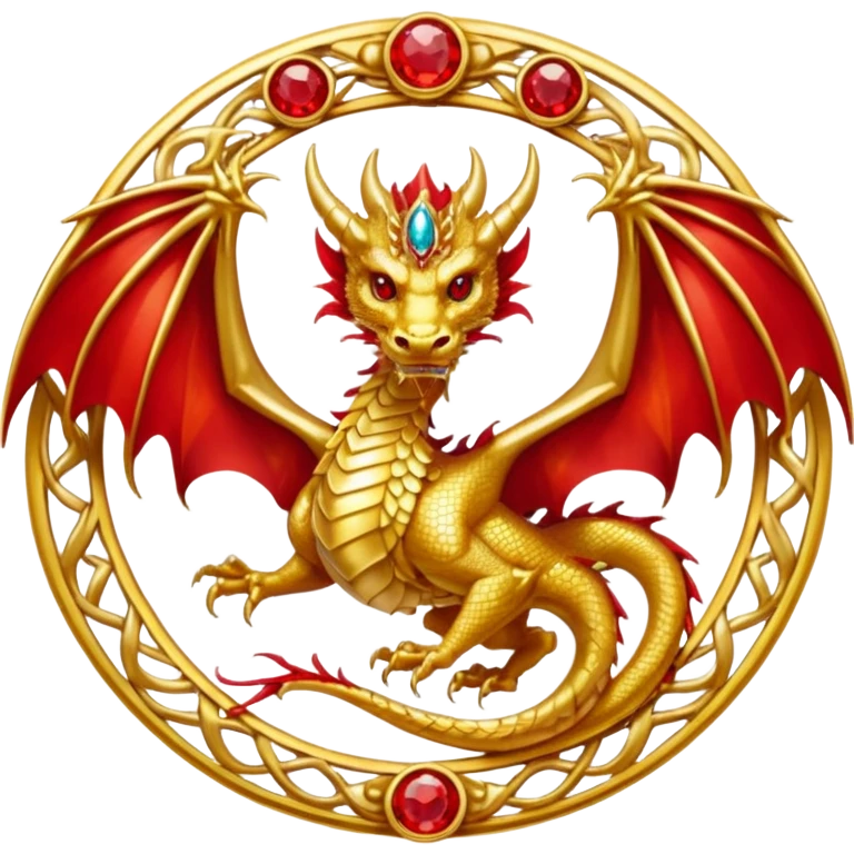 Golden Dragon with wings crest/brosch in a circle with red gems emoji