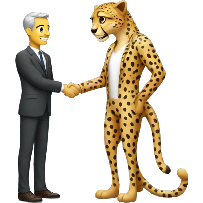 A cheetah in a classic suit shakes hands with a man  emoji
