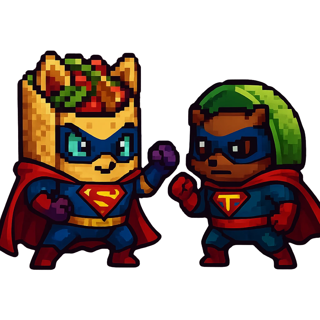 Add superhero costumes to the fajita and taco as they duel in pixel art style, no background. emoji