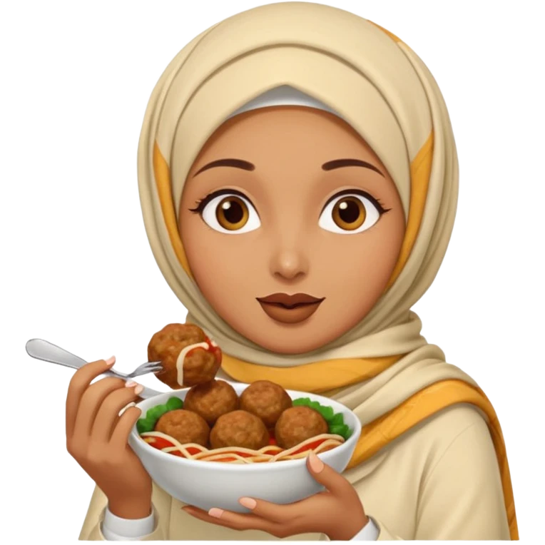 woman wearing a cream colored pashmina hijab eating meatballs emoji