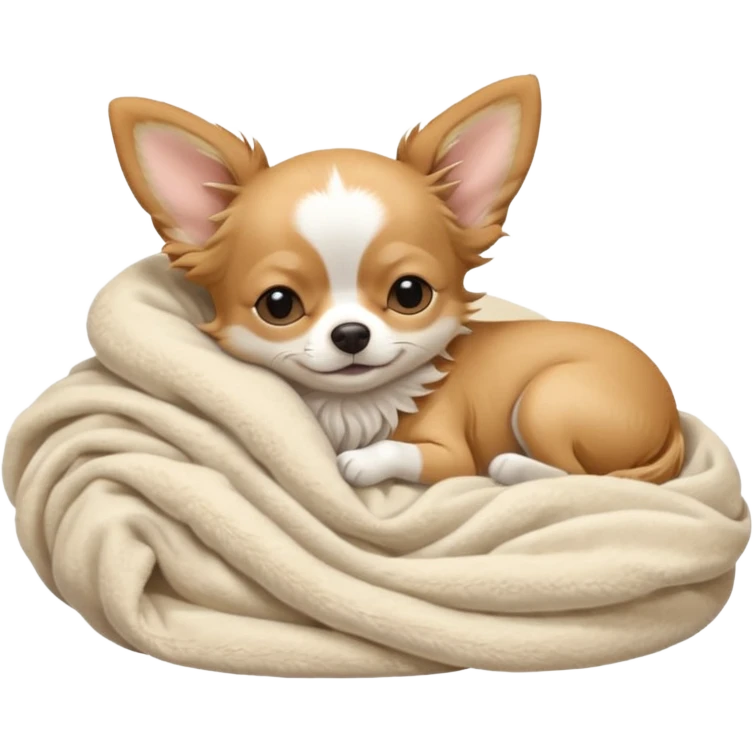 Long haired chihuahua, beige, white chest and socks, sleeping cutely under blanket emoji