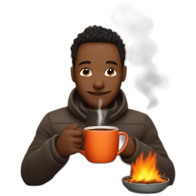 Léon musk drinking hot chocolate around a fire emoji