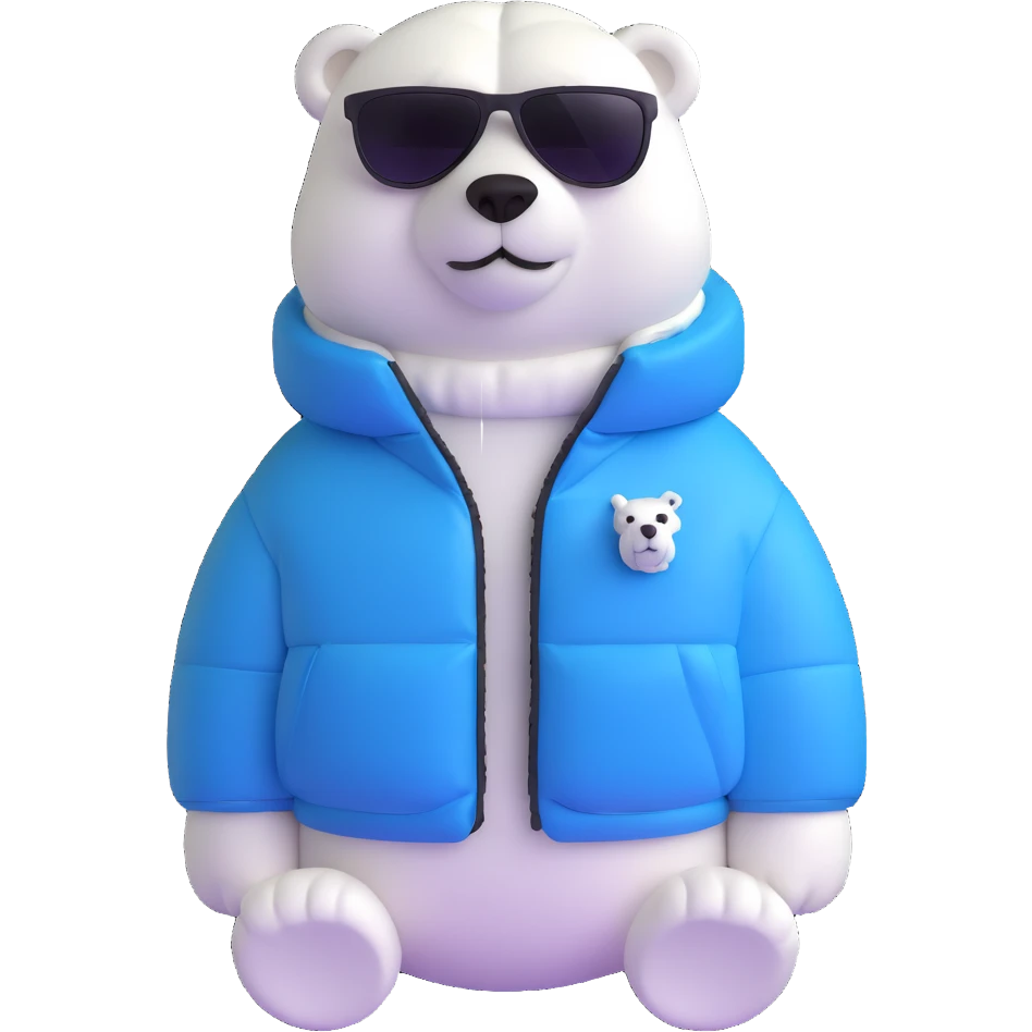 polar bear wearing a white puffer jacket and sunglasses  emoji