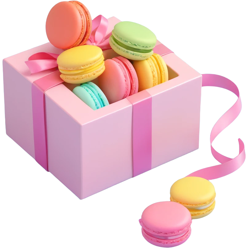 macaron box with ribbon, glossy finish, cute and festive, pastel color palette, iOS 3D emoji style emoji