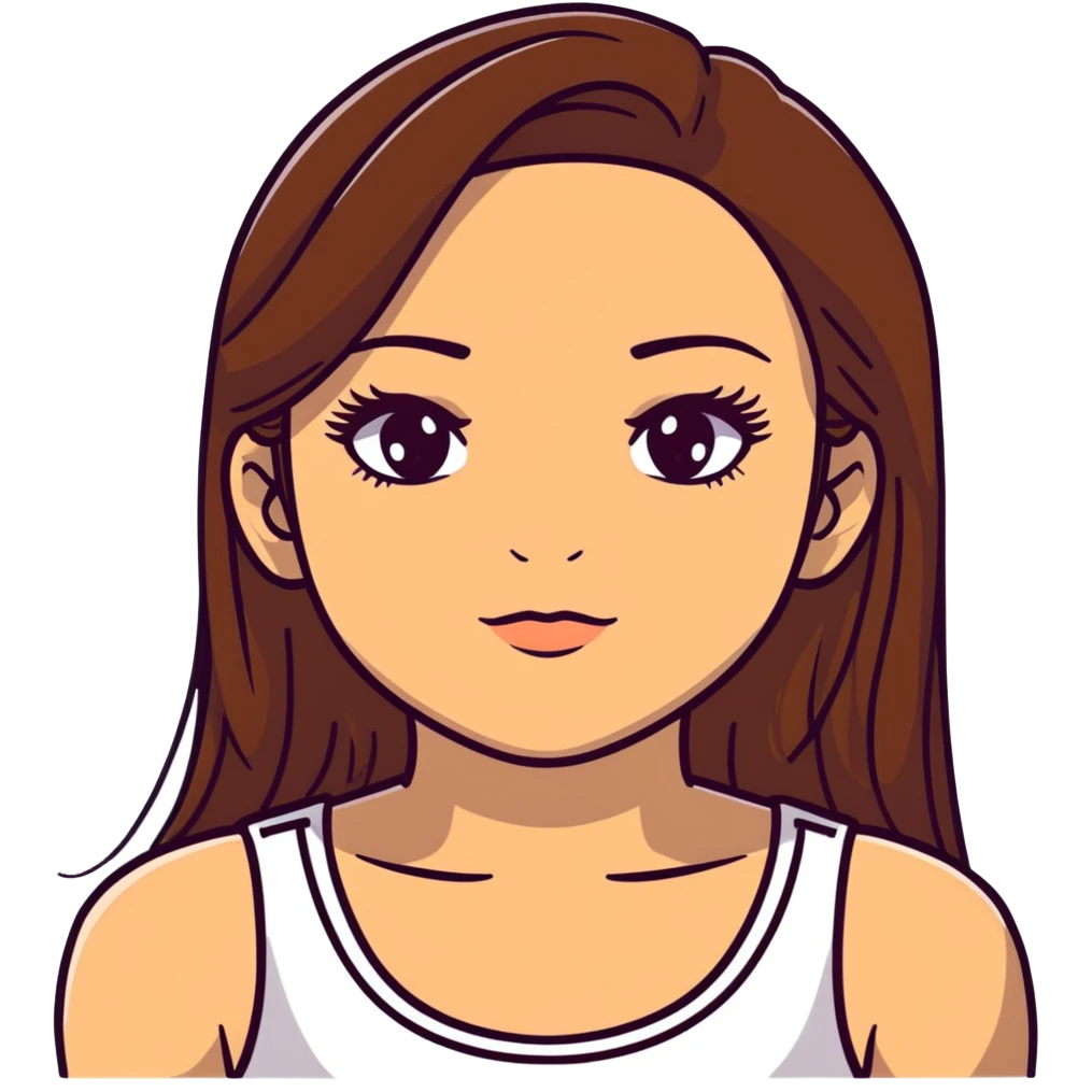 beautiful girl, long straight brown hair, brown eyes with lashes, wearing a white crop top, tan skin emoji