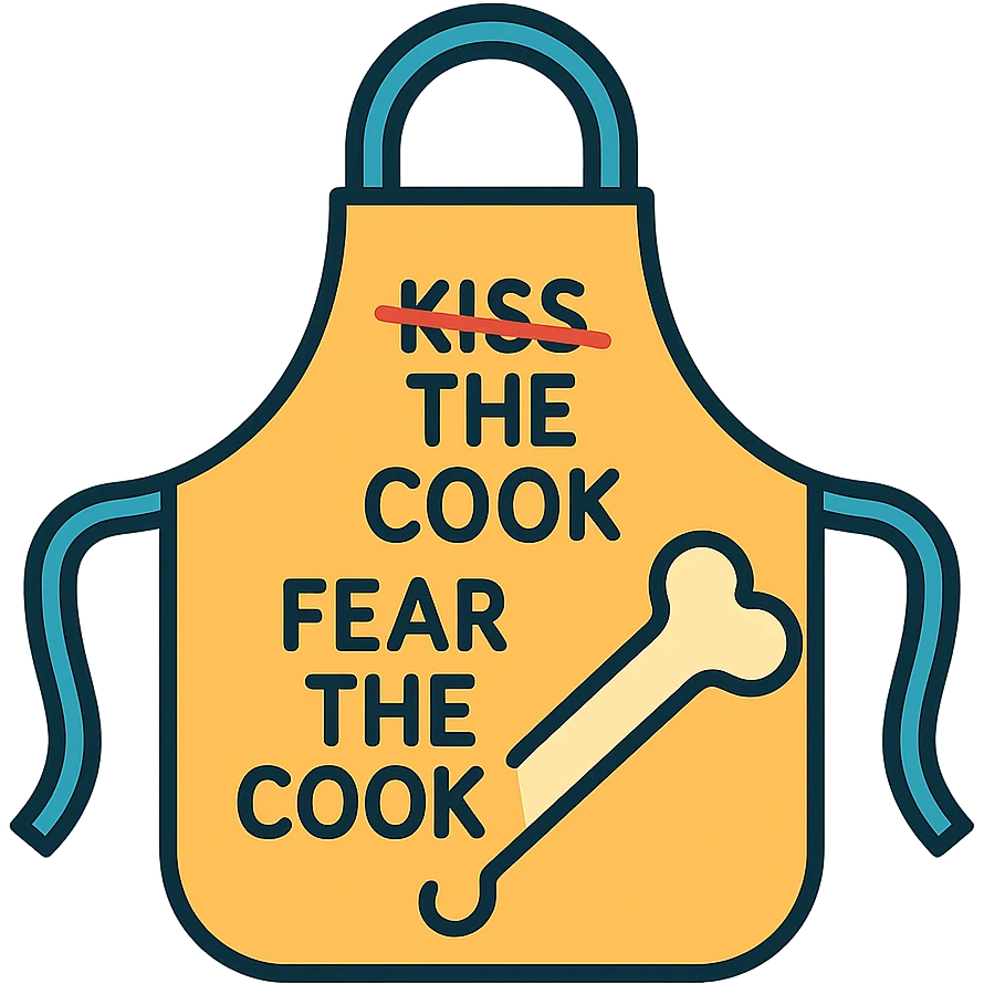 An apron with the text "Kiss the Cook" scratched out and replaced with "Fear the Cook", featuring a giant rib bone as a weapon emoji