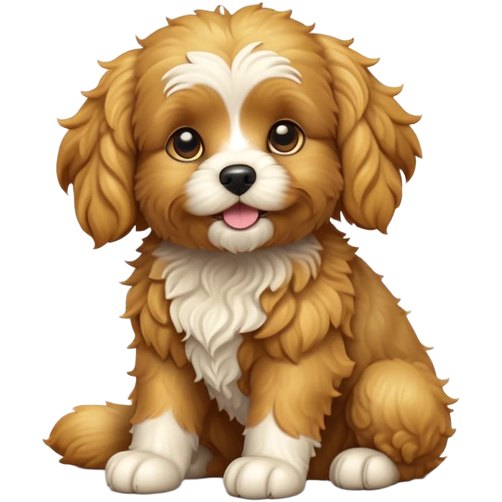 cinematic-[cavoodle dog]-realistic-full-body-sitting-emoji,-tail-resting-loosely-beside-its-paws,-head-tilted-dramatically,-curly-[solid golden]-fur,-simplified-yet-realistic-focused-features,-highly-detailed,-glowing-with-an-almost-sarcastic-glow emoji