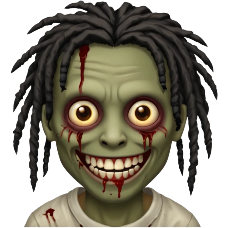 zombie with brown skin, messy black dreads hair, wide centered brown eyes, dark bloody marks under the eyes, and a smile showing crooked teeth grillz, giving a distressed, undead look. emoji