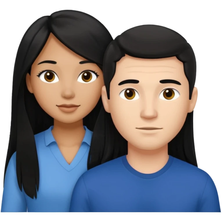 Mixed race couple, white male with mixed female (asian & black)
the female is more asian than she is black, she has long hair and very tanned skin, and black eyes
The male is french, he has thick luscious hair emoji