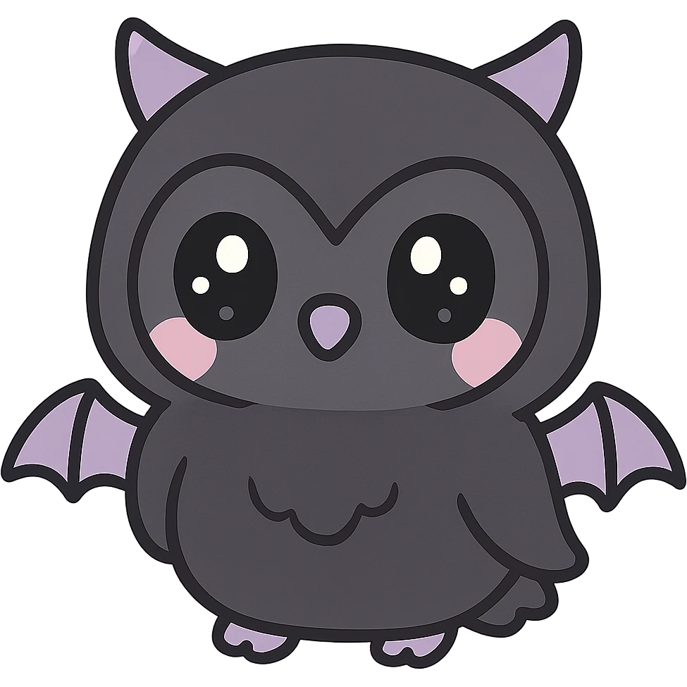 kawaii style gothic owl, cute face, black feathers, purple accents, big eyes, tiny bat wings, mysterious and friendly emoji