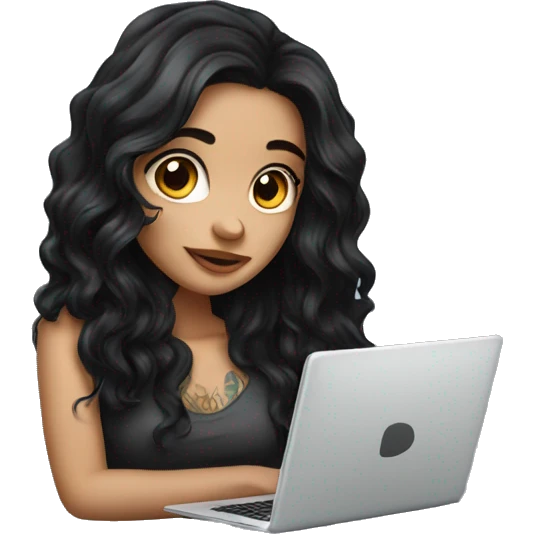 beautiful girl with tattoos, with long black hair, wavy hair, with laptop emoji