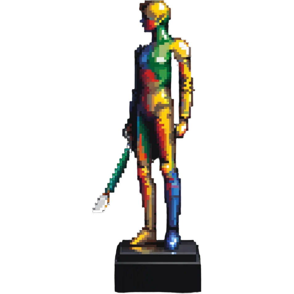 A paintbrush transforming into a metallic human silhouette sculpture, with museum-like display pedestal, symbol of artistic identity emoji