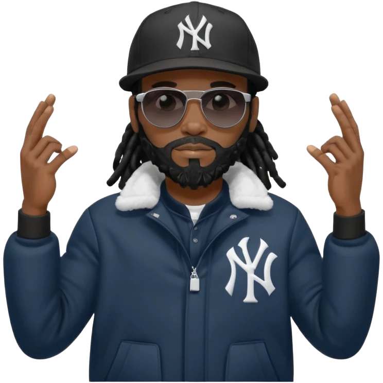 African American man with shoulder length black dreadlocks with black beard wearing black sunglasses wearing a New York Yankees logo baseball cap wearing a all dark black bubble winter coat flexing arms emoji
