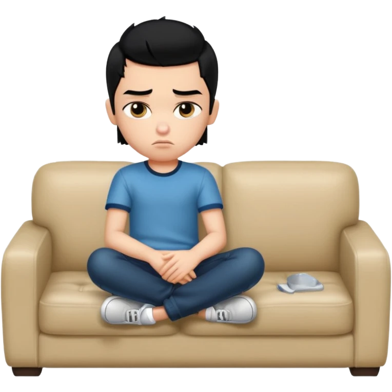 a pretty bratz boy with black hair and fat on a sofa looking sad emoji