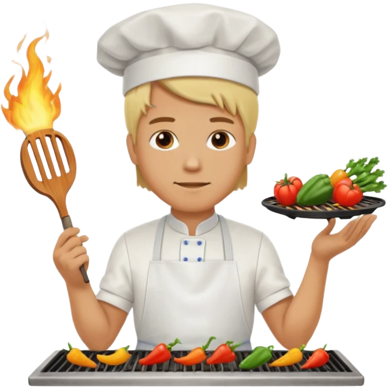 man with tied blond hair and and a white apron grilling vegetables on a sizzling grill emoji