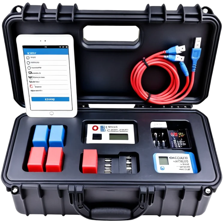 An open, black outdoor test case.Interior: control panel with colored test jacks, USB ports, and a power outlet. A red test probe is located next to it. On the left side of the case is a large roll of white, round test labels displaying QR codes. A blue cable leads out of the side of the case. emoji