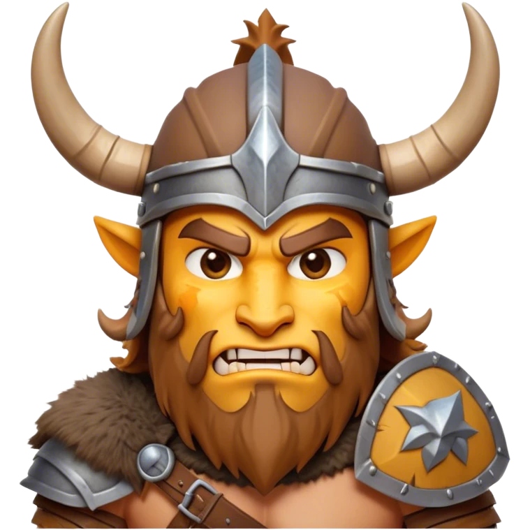 Clash of Clans style: Cinematic Fierce Barbarian Portrait Emoji, Poised and bold with a rugged, cartoonish build in tattered furs and a whimsical horned helmet, bright expressive eyes and a confident smirk, Simplified yet dynamic features, highly detailed, glowing with a vivid, adventurous aura, high shine, heroic and spirited, stylized with an air of medieval warrior charm, focused and energetic, soft glowing outline, capturing the essence of a fearless barbarian adventurer ready to lead his clan with spirited valor! emoji