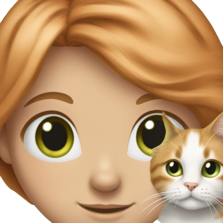 girl, green eyed,with long strawberry blonde-ginger hair (mix of that two hair colours as one) holding a tabby cat, with white fur in shape of collar and also green eyed emoji