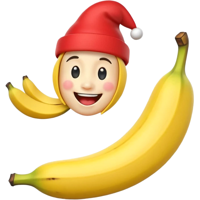 A 3D cartoon banana with a red nose and tiny hat, smiling face, playful pose, Memoji-style. emoji